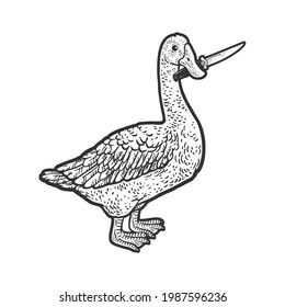 goose with knife in beak line art sketch engraving raster illustration. T-shirt apparel print design. Scratch board imitation. Black and white hand drawn image. Goose Knife Tattoo, Goose With Knife Drawing, Duck Knife Tattoo, Duck Holding Knife Tattoo, Duck With Knife Drawing, Duck Line Art, Goose Knife, Silly Goose Tattoo, Goose Sketch