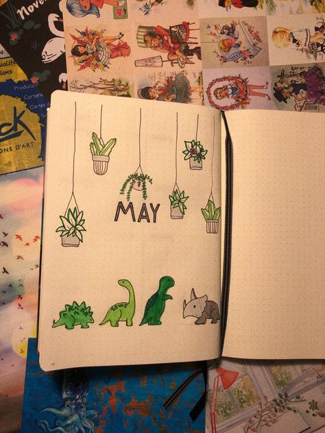 Dinosaur Bullet Journal, May Aesthetic Month, Bullet Journal Monthly Calendar, Dinosaurs Cute, Doodle Aesthetic, Dotted Bullet Journal, Bujo Themes, Journal Guide, May Bullet Journal