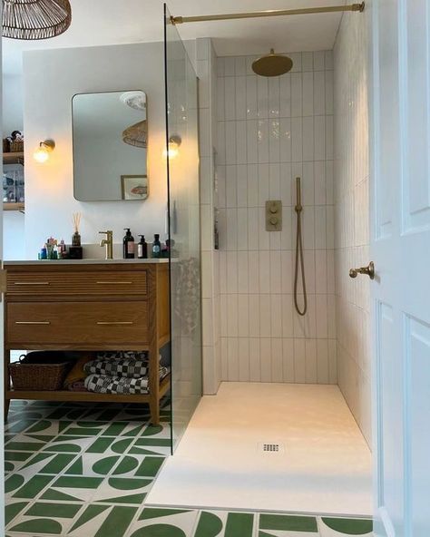 All posts • Instagram Neutral Bathroom Tiles, Warm Neutral Bathroom, Green And Gold Bathroom, Neutral Bathroom Ideas, Colour Bathroom, Bert And May Tiles, Victorian Terrace Renovation, Wet Room Shower Screens, Shower Hardware