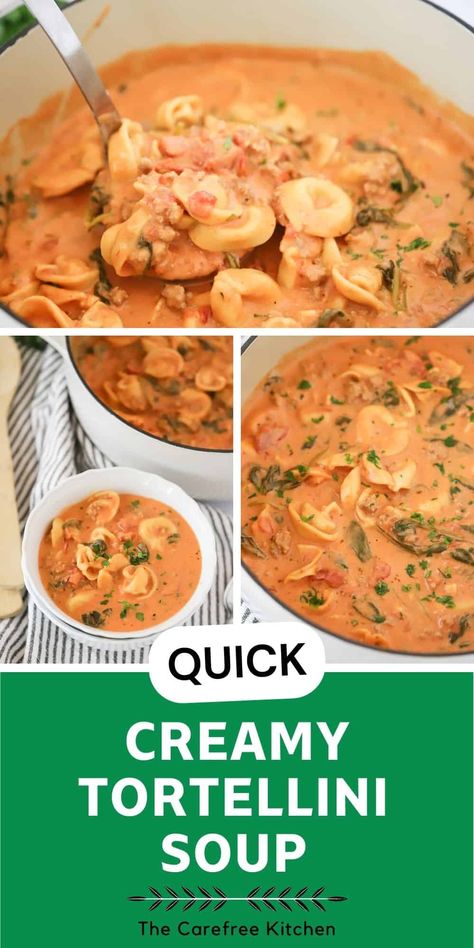 Tortellini Soup With Cream Cheese And Spinach, Tortellini Soup With Italian Sausage And Cream Cheese, Sausage Spinach Soup, Spinach Squares, Creamy Sausage Tortellini Soup, Creamy Sausage Tortellini, Pasta And Spinach, Spinach Dinner, Gratin Recipes