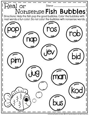 Real or Nonsense Words Worksheets - Bad Fish Bubbles Nonsense Words Kindergarten, Nonsense Word Activities, Nonsense Word Games, Cvc Word Practice, Kindergarten Spring, Writing Sight Words, Word Sort, Cursive Writing Worksheets, Cvc Word Families