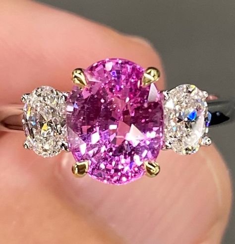 ALL THESE PHOTOS WERE TAKEN WITH AN ORDINARY IPHONE & HAVE NOT BEEN EDITED OR ENHANCED IN ANY WAY. VIDEO LINKS: https://youtube.com/shorts/pGAGI8yVYBI?feature=share https://youtube.com/shorts/xv7lQSU6D4g?feature=share Up For Sale is a Gorgeous Natural Unheated Pink Sapphire & Diamond Three Stone Ring in Solid 18K Two Tone Gold. This ring was made by us Here in New York City & is of the Finest Quality. The Center Stone is a Fantastic Natural GRS Certified 2.66 Ct Oval Cut Pink Sapphire that Measu Camden Maine, Pink Jewels, Vvs Diamond, Pink Sapphire Ring, Pink Bling, Framed Posters, Etsy Gold Ring, 18k Gold Ring, Gorgeous Jewelry