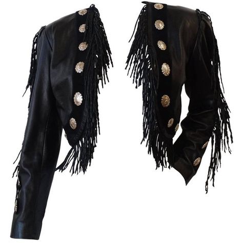 Preowned 1980s Western Black Leather Fringe Jacket ($600) ❤ liked on Polyvore featuring outerwear, jackets, black, western fringe jacket, fringe leather jacket, western jackets, 80s jackets and 80s leather jacket 80s Fringe Jacket, Black Leather Fringe Jacket, 1980s Jacket, Cowboy Jacket, 80s Jacket, Black Cowboy, Fringe Leather Jacket, Western Jacket, Western Look