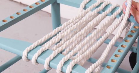 How To Make A Rope Chair Seat, Rope Seat Chair Diy, Weave Chair Seat Diy, Rope Weave Chair, Macrame Chair Seat, Rope Chair Seat, Rope Chair Diy, Diy Chair Cushions, Coastal Chairs