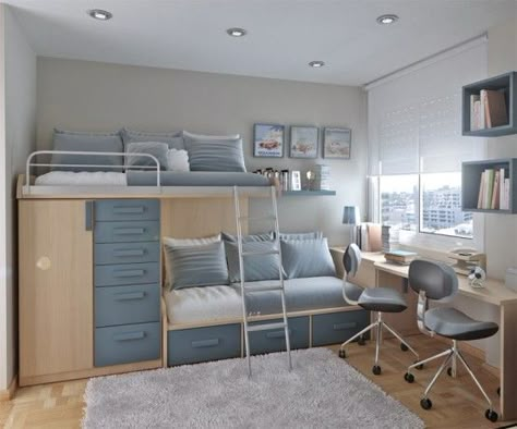 awesome bunks Loft Beds, Teenage Bedroom, Trendy Bedroom, Bed Desk, Bedroom Layouts, Small Room Bedroom, Boys Bedrooms