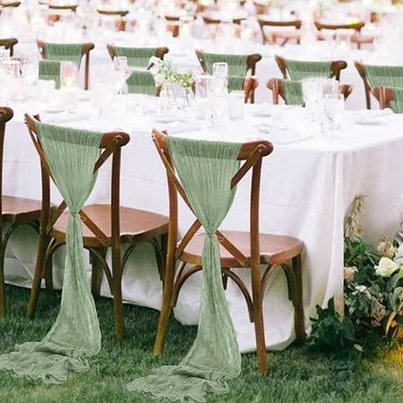 20 Packs Sage Green Cheesecloth Chair Sashes, Chair Bow Designed Decorative Chair Cover Chair Sashes Wedding Reception Party Hotel Decoration ????Package includes: You will receive 20 pcs Sage Green cheesecloth chair sashes. Flowers are not included in the package. Each piece measures Length 180cm/70.8inch, Width 90cm/35.4inch. High quality healthy fabrics to decorate your dining environment. ???? introduction: Natural cheesecloth fibers are strong and durable, makes the fabric soft, absorbent a Cheesecloth Chair Sash, Rustic Wedding Reception Table Decor, Chair Sashes Wedding, Wedding Chair Decor, Green Wedding Decor, Chair Covers Party, Wedding Chair Sashes, Party Hotel, Banquet Decorations