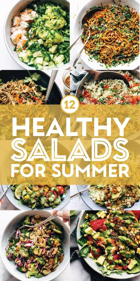 12 Healthy Salads for Summer! Summer is the season of all the fresh healthy salads (and maybe a few burgers thrown in for good measure). Here are some of our favorite summer salad recipes that check all our boxes: healthy, crunchy, fresh, and totally delicious. #summer #salad #healthy Healthy Summer Salad Recipes, Salads For Summer, Sweet Potato Noodle Salad, Living Sacrifice, Garlic Herb Chicken, Homemade Chipotle, Power Salad, Farmhouse Fresh, Spicy Peanut Sauce