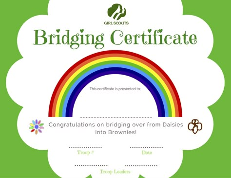 Daisies to Brownies Girl Scouts bridging certificate with rainbow, for Brownie bridging ceremony, by Yevette Willaert Bridge To Brownie Certificate, Daisy To Brownie Bridging Certificate, Brownies Bridging Ceremony, Bridging Daisy To Brownie, Bridge To Brownies Ceremony, Bridging To Brownies Ceremony, Bridging Ceremony Ideas Brownie, Daisy Bridging Ceremony Gifts, Daisy To Brownie Bridging Ideas