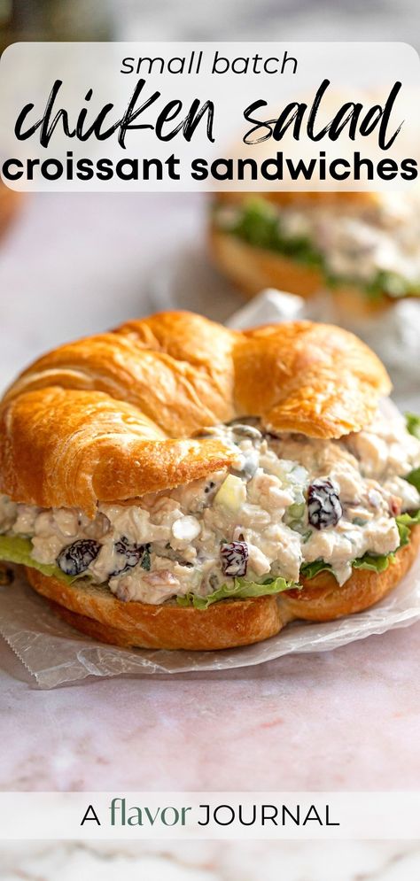 An incredible chicken salad recipe that is perfect on top of buttery croissants. This is a small batch chicken salad croissant sandwich recipe that serves 2-3. #chickensaladsandwich #chickensaladcroissant #chickensaladfortwo #chickensaladrecipe via @aflavorjournal Chicken Salad Sandwich On Croissant, Chicken Salad Crissonts, Small Batch Chicken Salad, Chicken Salad Crossiant, Chicken Salad On Croissant, Chicken Salad Croissant Sandwich, Croissant Sandwich Recipe, Chicken Croissant, Croissant Sandwiches