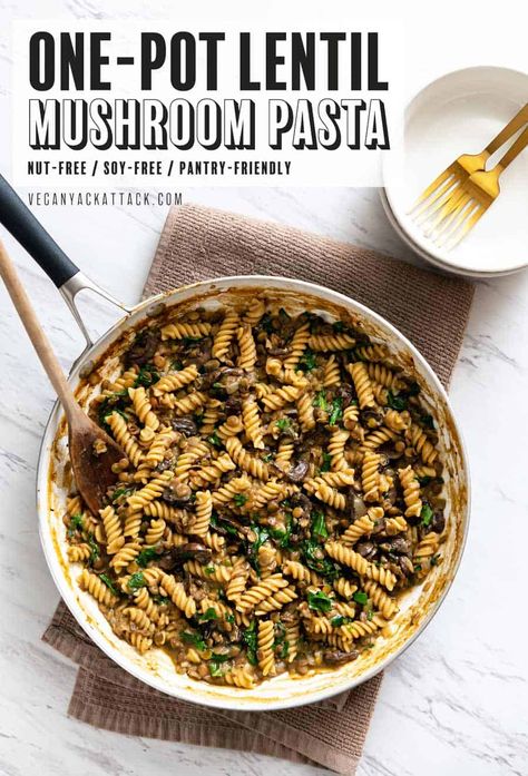 One-Pot Lentil Mushroom Pasta Wholefood Vegan Recipes, Mushroom And Lentil Recipes, Healthy Lentil Pasta Recipes, Pasta With Lentils Recipe, One Pot Vegetarian Pasta, One Pot Mushroom Pasta, Vegan Lentil Pasta, Pasta With Lentils, Lentil Pasta Recipe