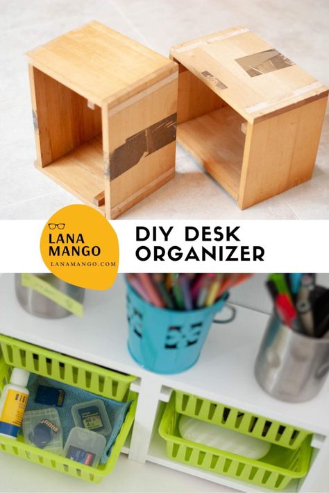 DIY Desk Organizer 2 Desk Tidy Diy, Ikea Desk Organization, Diy Desk Shelf, Desk Organization Ikea, Diy Storage Desk, Diy Desk Organizer, Study Desk Organization, Mini Trash Can, Cd Holder