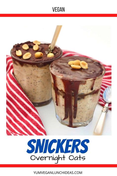 Snickers Overnight Oats Overnight Oats Tasty, Butterfinger Overnight Oats, Snickers Overnight Oats Recipe, Nutella Overnight Oats, Snickers Overnight Oats, Creamy Overnight Oats, Healthy Snickers, Blended Oats, Night Oats