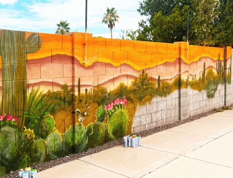 "Cactus Paradise: A Captivating Mural Celebrating Arizona's Desert Beauty" | Muddy Lotus Desert Mural Wall, Cinder Block Paint, Wall Murals Painted Cactus, Cactus Mural Outdoor, Cactus Wall Mural, Desert Mural, Desert Landscape Mural, Arizona Mural Art, Desert Paradise