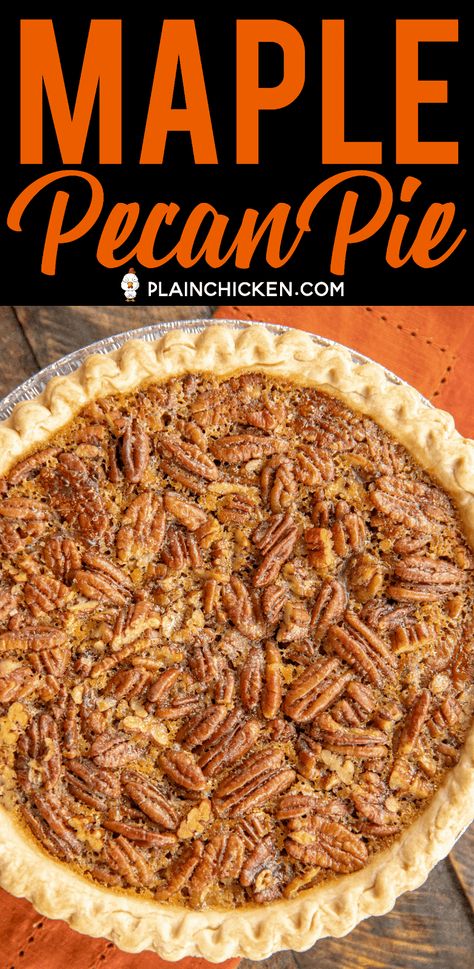 Maple Pecan Pie - seriously delicious!!! SO much amazing flavor from the real maple syrup! Super easy to make! Pie crust, sugar, maple syrup, butter, eggs, pecans, vanilla. Make the day before. Serve with vanilla ice cream and caramel sauce! YUM! #pie #dessert #thanksgiving #christmas #pecanpie #maplesyrup Pecan Pie Maple Syrup Recipe, Pecan Pie Made With Maple Syrup, Maple Pecan Pumpkin Pie, Pecan Pie Maple Syrup, Maple Syrup Pecan Pie, Maple Syrup Pie Recipe, Maple Syrup Pecan Pie Recipe, Desserts With Maple Syrup Instead Of Sugar, Pecan Pie With Maple Syrup