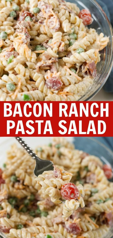 Bacon Ranch Pasta Salad is the perfect side dish for all your summer BBQs! Pasta, crispy bacon, cheddar cheese, tomatoes, and peas in a creamy ranch dressing. Macaroni Ranch Pasta Salad, Pasta Salad Recipes Bacon Ranch, Creamy Bacon Pasta Salad, Homemade Ranch Pasta Salad, Cheddar Bacon Ranch Pasta Salad, Pasta Salad Recipes With Ranch Dressing, Creamy Bacon Ranch Pasta Salad, Ranch Pasta Salads, Pasta Salad Recipes Bacon