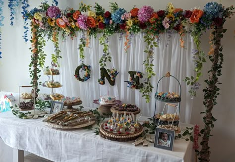 Indoor Garden Theme Party, Fairy First Birthday Backdrop Ideas, Fairy First Birthday Party Ideas, Fairy Birthday Themes, Fairy Theme Birthday Party, Wildflower Birthday Party, Diy Mushroom, Fall 1st Birthdays, Wildflower Birthday