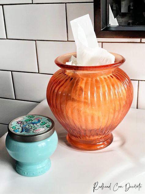 Glass Bowl Tissue Holder, Pretty Tissue Holder, Decorative Tissue Box Holder, Bathroom Tissue Holder Ideas, Tissue Holder Diy, Diy Tissue Holder, Farmhouse Lazy Susan, Dispenser Ideas, Rainbow Shelf