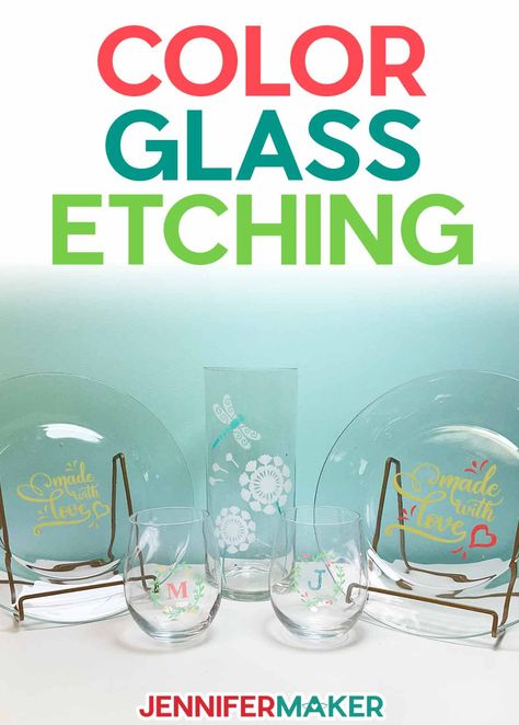 Color Glass Etching: Top Tips & Techniques! Colored Glass Etching, Glass Etching Tutorial, Diy Pantry Labels, Glass Etching Diy, Etching Diy, Glass Etching Projects, Glass Etching Patterns, Glass Etching Stencils, Jennifer Maker