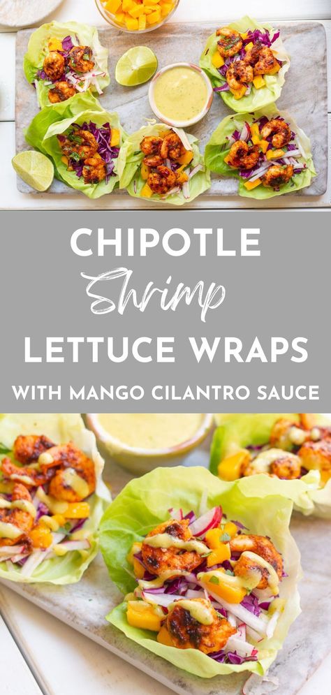 looking for a healthy easy summer dinner? These healthy Shrimp Lettuce Wraps are filled with sweet and spicy honey chipotle shrimp and are served with creamy mango cilantro lime sauce. These flavor-packed Shrimp tacos make the perfect handheld appetizer, game day snack or low-carb lunch or dinner! Honey Chipotle Shrimp, Cilantro Shrimp, Lettuce Wraps Healthy, Shrimp Lettuce Wraps, Chipotle Shrimp, Cilantro Lime Sauce, Honey Chipotle, Cilantro Sauce, Lettuce Wrap Recipes