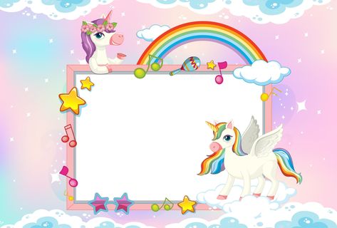 Blank banner with cute unicorns in sky Unicorn Portrait, Unicorn Icon, Baby Zebra Drawing, Unicorn Sign, Rosas Vector, Zebra Drawing, Unicorn Backgrounds, Unicorn Background, Banner Frame