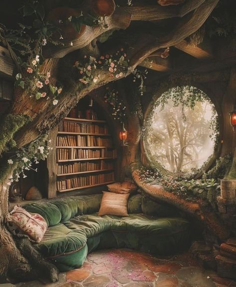 Forest House Concept Art, Fairy Cottage Interior, Fairycore Interior, Hobbiton Aesthetic, Forest Cottage Interior, Forest Cottage Aesthetic, Fairytale Furniture, Fantasy Cottage Interior, Fairytale Cottage Interiors