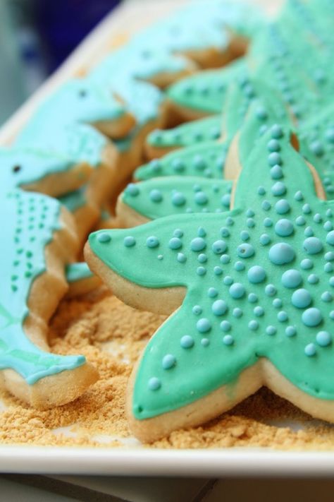 Chloe’s Inspiration ~ Under the Sea Party Starfish Cookies, Sea Cookies, Sea Party Ideas, Mermaid Cookies, Beach Cookies, Sea Birthday Party, Summer Cookies, Little Mermaid Birthday, Under The Sea Party