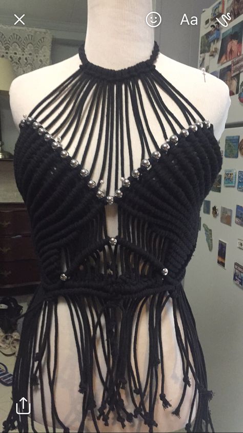 Macramé ancient Egypt versus Venus collection bustier designed by Vicky Doganis knot me jewels Gothic Macrame Patterns, Macrame Crop Top, Macrame Corset Belt, Macrame Bustier, Rave Outfits Women, Africa Burn, Goth Macrame Wall Hanging, Crochet Arm Warmers, Macrame Clothes