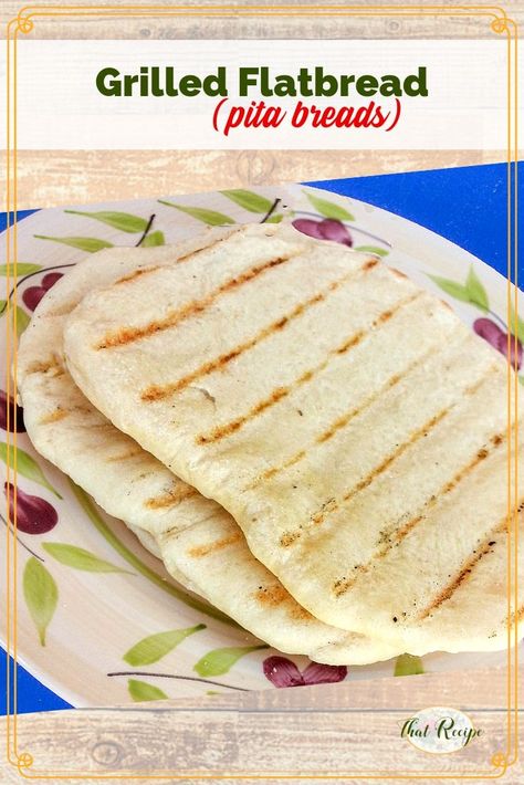 Make your own grilled flatbreads with this easy recipe. Toss on the grill to serve along with other grilled meats, or make pita pocket breads. #pitabreads #grilledbread #pizzadoughrecipe #grilling #grillingsidedish #thatrecipeblog Grilled Pita Bread, Pita Flatbread, Grilled Side Dishes, Grilled Flatbread, Buttermilk Bread, Picnic Recipes, Grilling Menu, Bread Maker Recipes, Grilled Bread