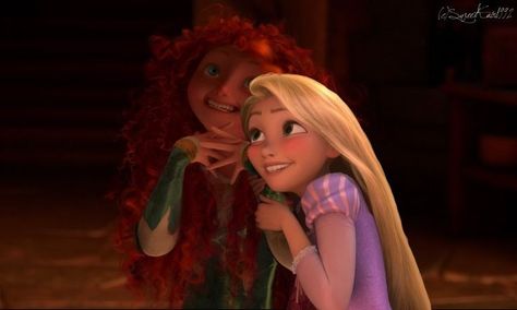 Rapunzel and Merida Merida X Rapunzel, Merida And Rapunzel, Cottage Countryside, Sleep Time, Tangled Rapunzel, Rapunzel, Dreamworks, Disney Pixar, Tangled