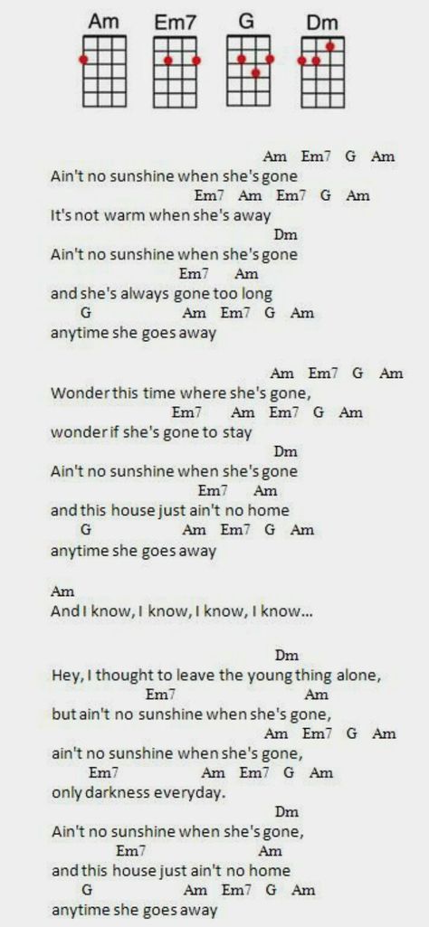 Ain't no sunshine when she's gone Ain't No Sunshine When She's Gone, Aint No Sunshine When Shes Gone Lyrics, Ain’t No Sunshine When She’s Gone, Ukelele Chords Ukulele Songs, Ukulele Songs Beginner, Ukulele Chords Chart, Ukulele Chords Songs, Ain't No Sunshine, Guitar Exercises