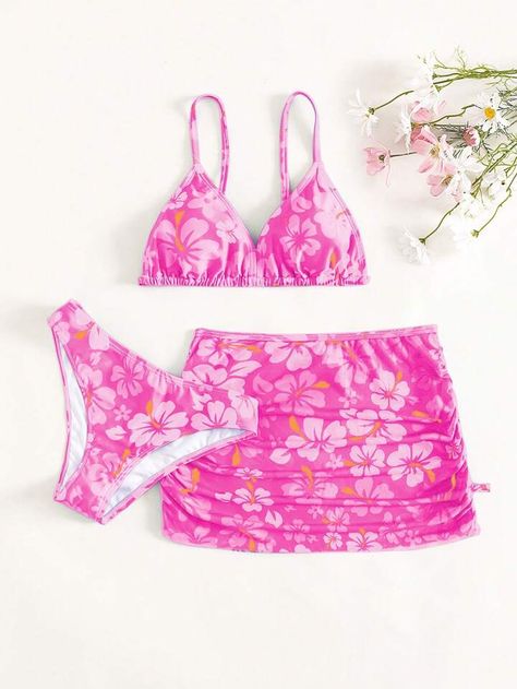 SHEIN Kids SUNSHNE Girls Floral Print Bikini Swimsuit & Ruched Beach Skirt | SHEIN USA Floral Swimwear, Two Piece Swimwear, Cute Bathing Suits, Beach Skirt, Cute Swimsuits, Kids Swimwear, Swimwear Girls, Lany