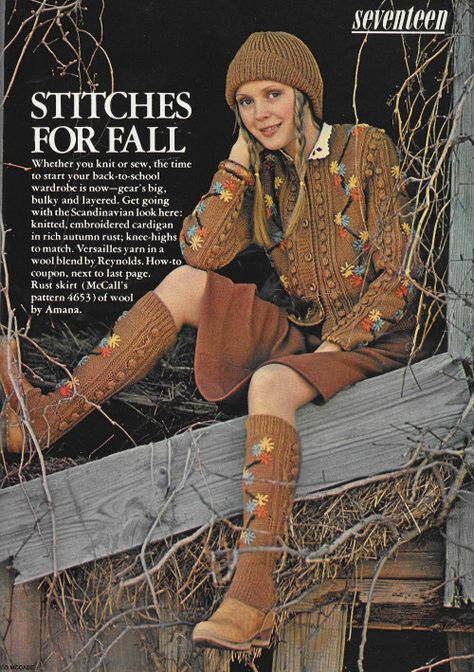 Vintage Seventeen Magazine, Hippie Cardigan, Seventeen Magazine Fashion, 1970s Looks, Just Seventeen, 1960s Hippie, 60s 70s Fashion, 60s And 70s Fashion, 70s Outfits