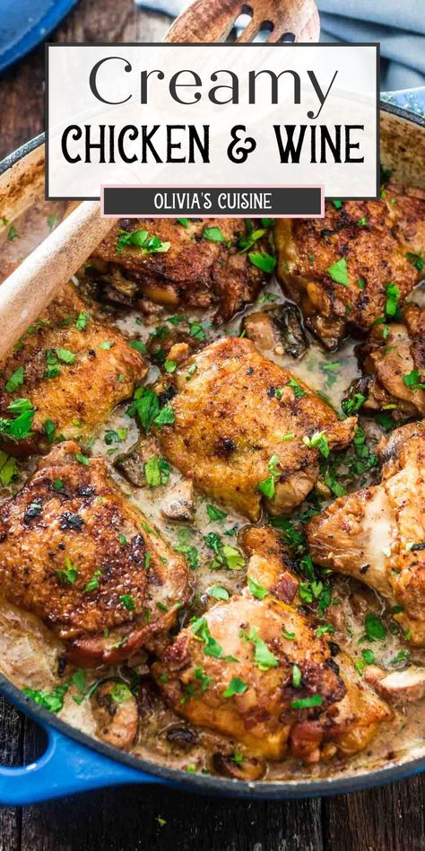 Coqauvin Chicken, Chicken With Wine, French Chicken Recipes, Oven Baked Chicken Legs, Braising Recipes, Chicken Wine, White Wine Recipes, Creamy White Wine Sauce, Easy French Recipes