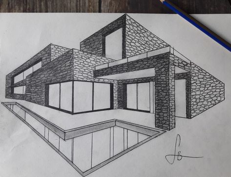 Simple Two Point Perspective Drawing, 1 Point Perspective Sketch, Architecture Sketch Simple House, Architecture Sketch Simple Building, House Perspective Drawing, Perspective House Drawing, Dream House Drawing Sketch, Rectilinear Architecture, Simple House Sketch