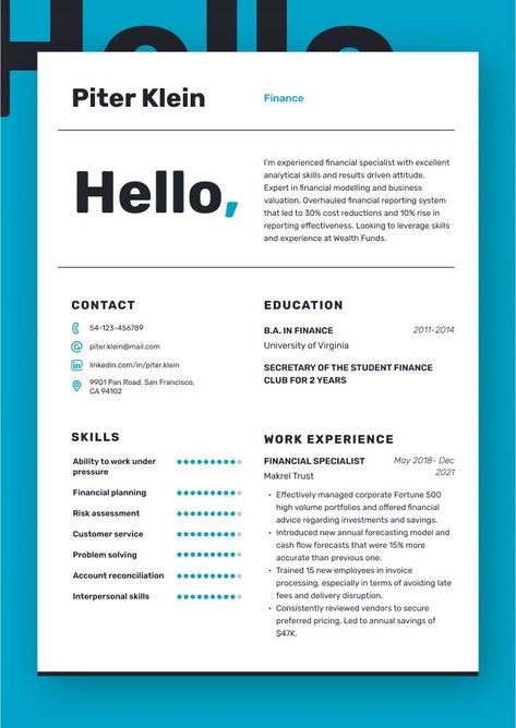 What does it take to build a successful career in the finance sector? Apart from education, skills, and qualification, to land a job you also need a job-winning resume for finance positions. A well-written finance professional resume can help you get more interviews and finally get hired. And we are here to show you how to create a flawless finance resume example! Finance Resume Examples, Finance Resume, Finance Job, Professional Resume Format, Linkedin Content, Linkedin Optimization, Resume Building, Student Finance, Free Resume Template Download