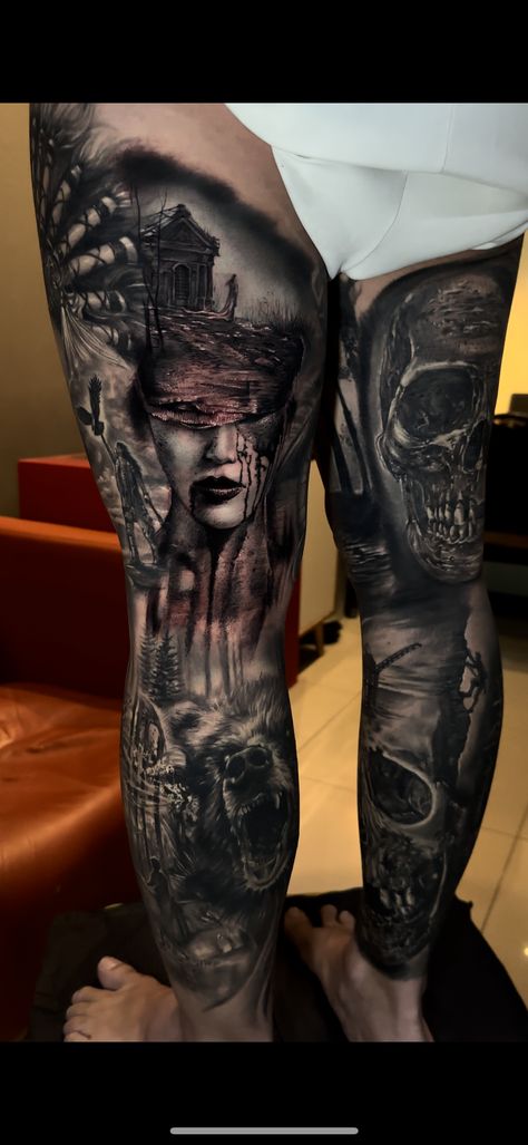 Scary Leg Sleeve Tattoo, Leg Sleeve Ideas, Horror Tattoos, Zeus Tattoo, Realistic Tattoo Sleeve, Weird Drawings, Thigh Tattoos, Realistic Tattoo, Leg Tattoo Men