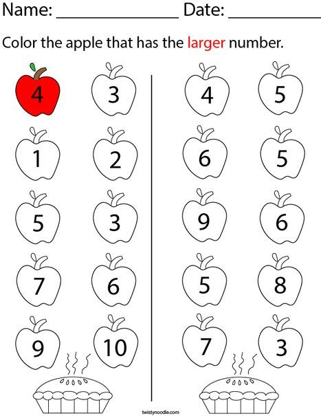 Color the apple that has the larger number Math Worksheet - Twisty Noodle Larger Number Worksheet, Math Worksheets For Kg1, Kg1 Worksheets Maths, Which Number Is Bigger Kindergarten, Circle The Bigger Number Worksheet, Bigger Number Worksheet, Nursery Maths Worksheets, Comparing Numbers Kindergarten, Preschool Counting Worksheets