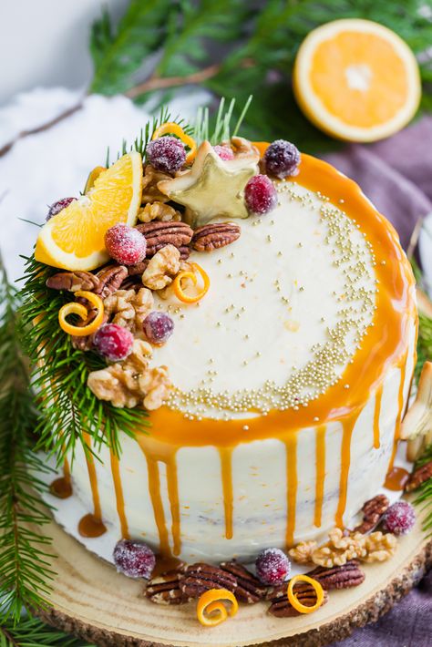 Christmas Orange Cake, Christmas Dessert Cake, Christmas Layer Cake, Orange Christmas Cake, Glazed Gingerbread, Orange Layer Cake, Holiday Cake Recipes, Winter Torte, Dessert Design