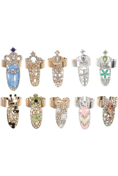 KALLORY 10pcs Fingernail Rings Jewelry Women Crystal Fingertip Rings Knuckle Nail Ring Cover Nail Art Charm for Nail Decoration Fingernail Rings, Fingertip Rings, Nail Cover, Nails Rings, Nail Rings, Charm Art, Rings Flower, Wear Rings, Rings Crystal