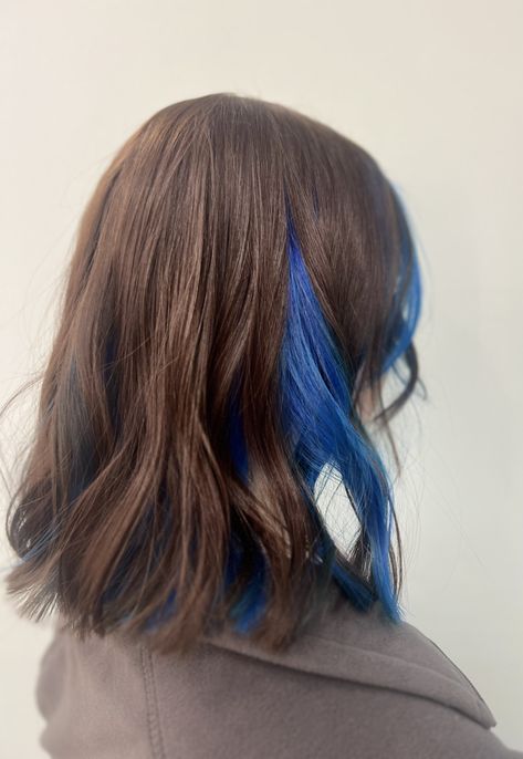 Brown Hair Blue Peekaboo, Blue Streaks In Brown Hair Short, Blonde With Blue Peekaboo, Half Brown Half Blue Hair, Blue Peek A Boo Hair, Blue Highlights In Brown Hair Short, Blue Hair Underneath Brown, Dark Blue Peekaboo Hair, Blue Hair Peekaboo