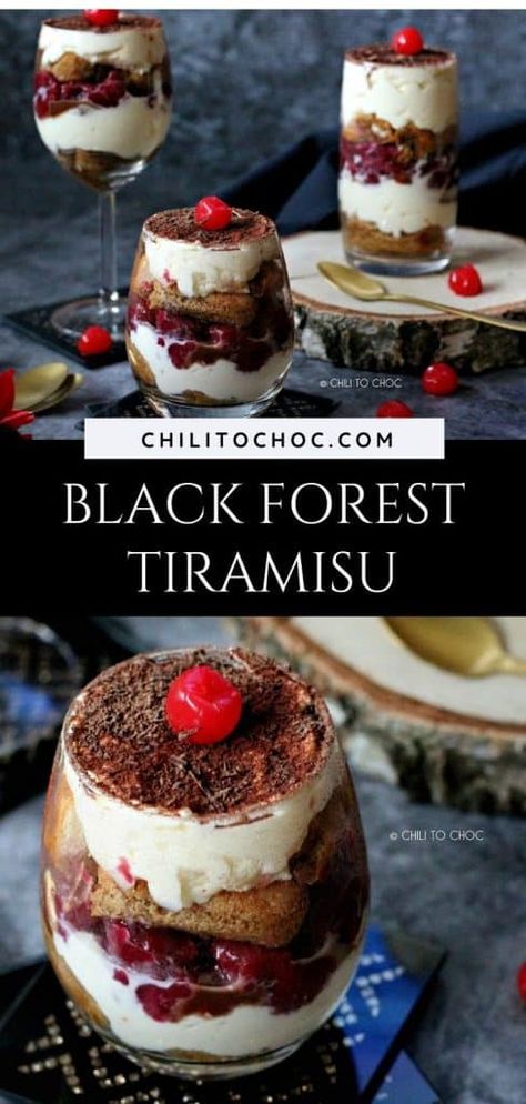 Black Forest Tiramisu Tiramisu Parfait Recipe, Dark Chocolate Tiramisu, Cherry Mascarpone Desserts, Cherry Tiramisu Recipe, Black Forest Recipes Desserts, Black Forest Recipe, Mascarpone Recipes Dessert, Tiramisu Flavors, Cherry Tiramisu