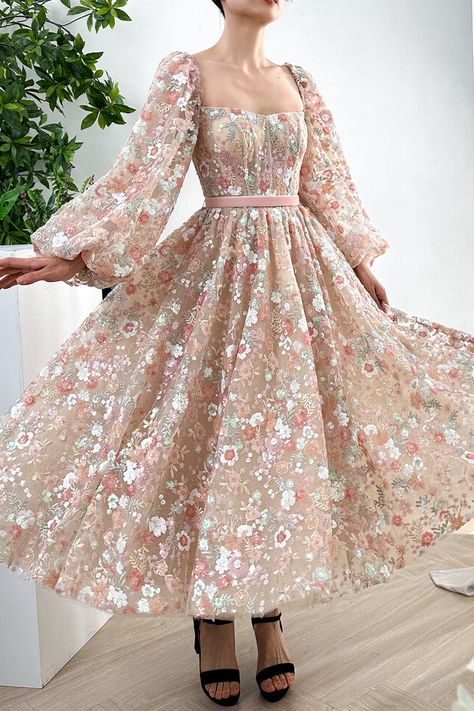 Prom Dress With Long Sleeves, Gold Gowns, Patterned Bridesmaid, Floral Floor, Midi Prom Dress, Apostolic Fashion, Dress With Long Sleeves, Pink Midi Dress, Formal Attire