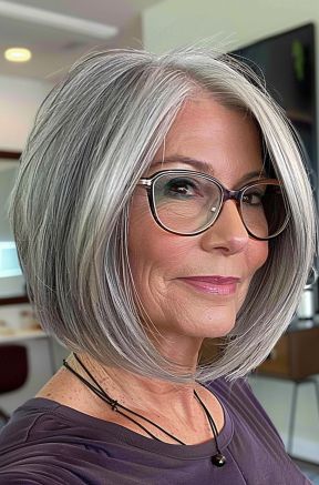 Medium Length Haircut Grey Hair, Gray Stacked Bob Haircut, Silver Hair Styles Over 50, Chin Length Gray Hair, Salt And Pepper Bob Haircut, Grey Layered Bob, Salt And Pepper Hair Over 50, Grey Hair Bob Older Women, Bob Grey Hair