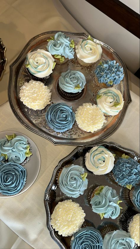 Assorted cupcakes 
Blue floral Bridal Shower Balloon Arch Dusty Blue, Wedding Shower Blue Theme, Dusty Blue Party Theme, Dusty Blue Shower Decorations, Something Blue Bridal Shower Cupcakes, Navy Blue And White Bridal Shower Ideas, Dusty Blue And Sage Green Wedding Cupcakes, Something Blue Shower Favor, Pale Blue Bridal Shower Ideas