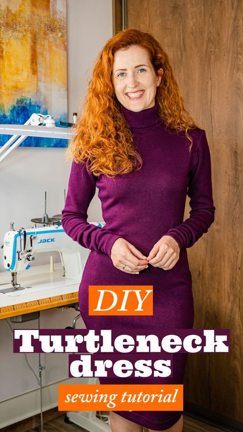 Sewing tutorial with free patternmaking how-to for turtleneck dress. Perfect dress for winter wardrobe. Easy to sew. Easy dress sewing pattern. Turtleneck Dress Pattern, Turtle Neck Dress Pattern, Sew Easy Dress, Winter Dress Pattern, Winter Bodycon Dress, Bodycon Dress Pattern, Dress Paterns, Long Sleeve Dress Winter, Dress For Winter