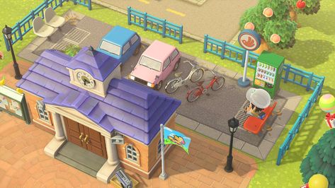 Ac Entrance Ideas, Animal Crossing Storefront Ideas, Acnh Shopping Plaza Ideas, Parking Lot Animal Crossing Code, Acnh Street Ideas, Shopping Center Animal Crossing, Animal Crossing Modern Island, Retro Transportation Stop Animal Crossing, Acnh Cars