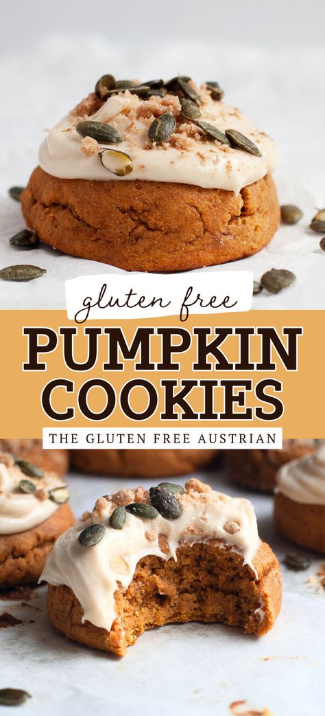 This easy recipe for Gluten Free Pumpkin Cookies with Brown Sugar Cream Cheese Frosting will satisfy any pumpkin craving you may have. Light, fluffy, and full of pumpkin flavor with a melt-in-your-mouth texture. They are the perfect marriage between cookies and muffin tops. Cookies With Brown Sugar, Brown Sugar Cream Cheese Frosting, Pumpkin Cookies With Cream Cheese, Gluten Free Pumpkin Cookies, Gluten Free Fall Recipes, Cookies With Cream Cheese Frosting, Cookies With Cream Cheese, Pumpkin Cravings, Pumpkin Cookie Recipe