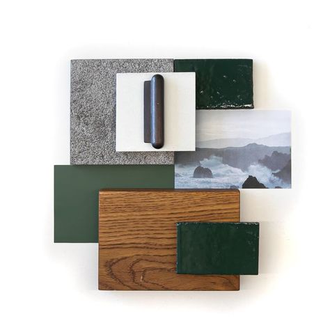 Green Grey Wood Bedroom, Concrete Wood Green Interior, Green And Oak Colour Palette, Wood Green Palette, Forest Green Interior Design Color Palettes, Green Interior Moodboard, Forest Inspired Interior Design, Forest Green Camper Interior, Grey Green Wood Color Palette