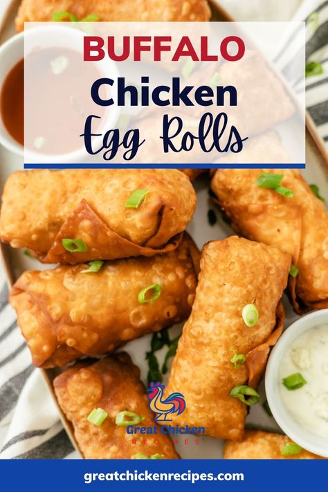 These Buffalo Chicken Egg Rolls are crispy on the outside, but filled with my creamy buffalo chicken dip. Make in an air fryer, oven, or deep fryer. #appetizer #chicken #chickenrecipes #recipes #partyfood Buffalo Chicken Egg Rolls Baked, Buffalo Chicken Egg Rolls Air Fryer, Buffalo Chicken Eggrolls, Creamy Buffalo Chicken Dip, Appetizer Chicken, Buffalo Chicken Egg Rolls, Creamy Buffalo Chicken, Chicken Egg Rolls, Party Dip