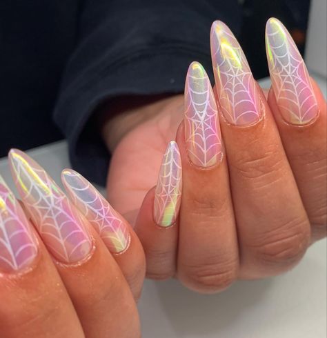 Unicorn chrome spiderweb halloween spooky long nails nail art Halloween Summer Nails, Summer Halloween Nails, Spooky Summer Nails, Mothman Nails, Summerween Nails, Summer Goth Nails, Girly Halloween Nails, Pastel Goth Nails, Simple Halloween Nails